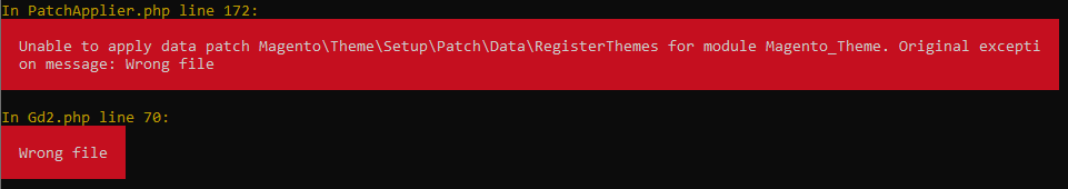 unable to apply data patch magento\theme\setup\patch\data\registerthemes for module magento_theme. original exception message: wrong file