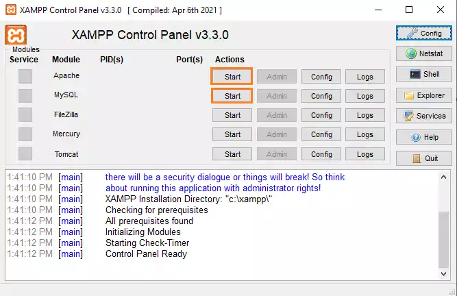 XAMPP Control Panel - Start Apache and MySQL Services