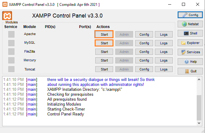 Magento on Localhost - XAMPP Control Panel