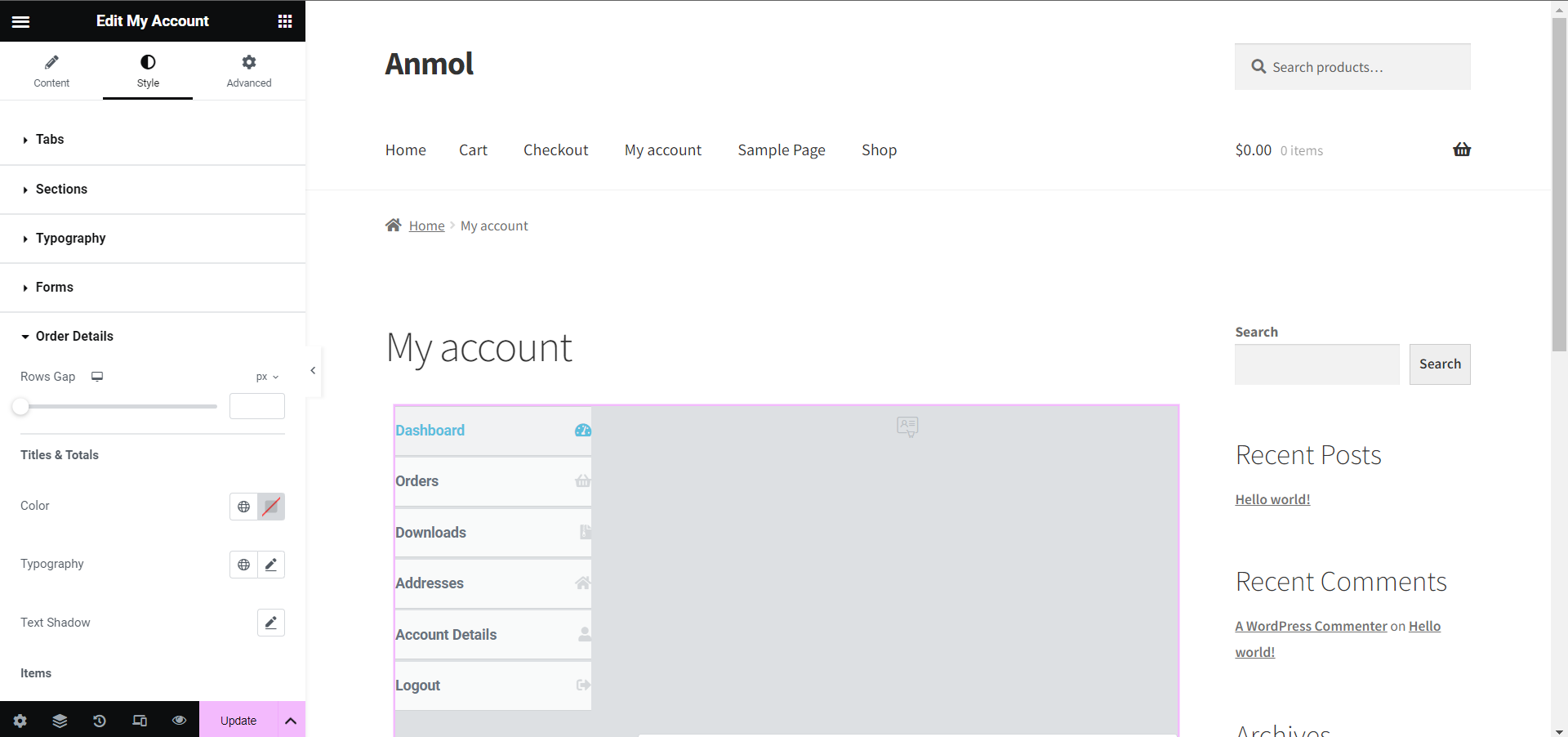 WooCommerce and Elementor - Account details