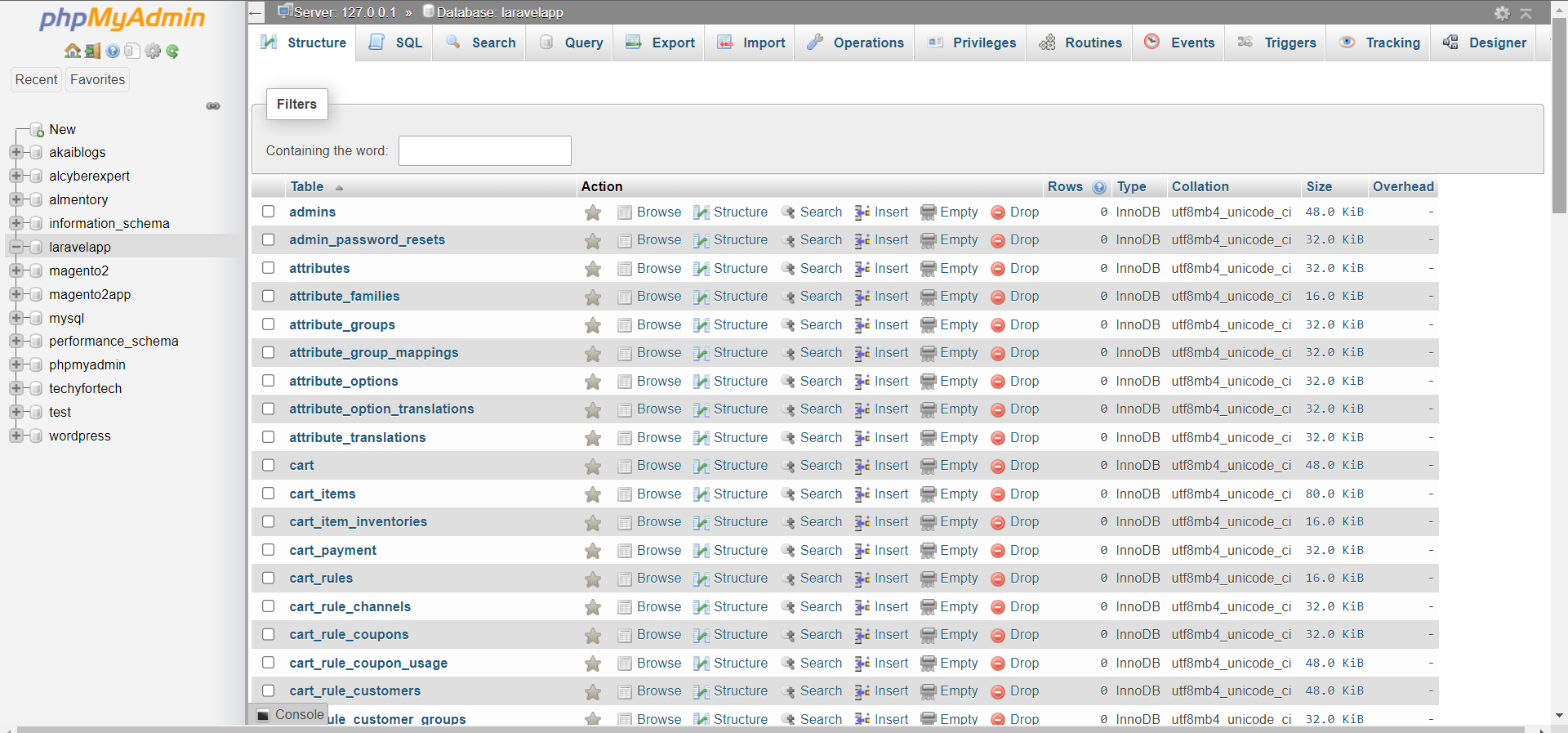 Laravel Ecommerce Website - phpMyAdmin Configuration Screen