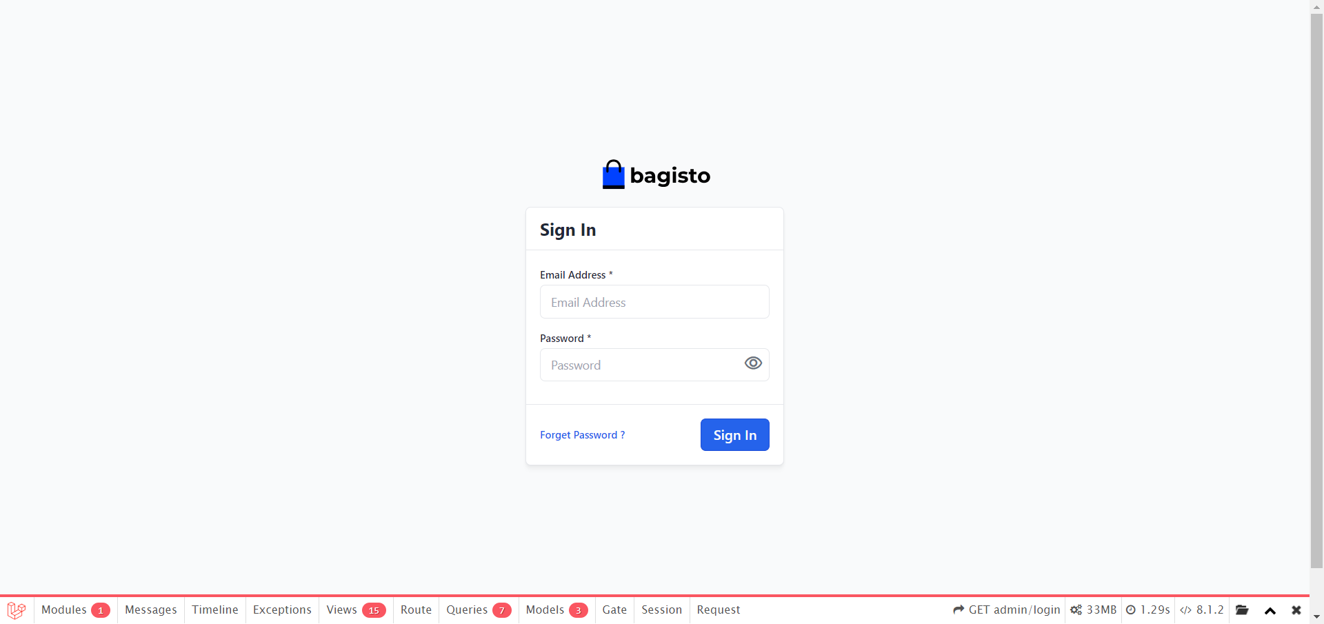 Laravel Ecommerce Website - Bagisto Login Page