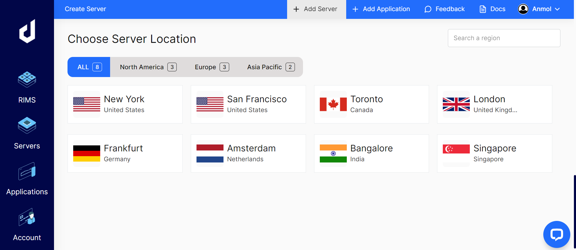 Screenshot of Choosing Server Location at the time of installing ClassicPress on Cloud