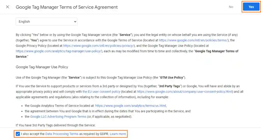 Google Tag Manager - Terms of Service Agreement