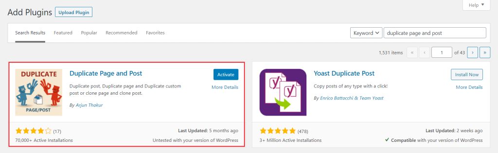 Activate Duplicate Page and Post Plugin