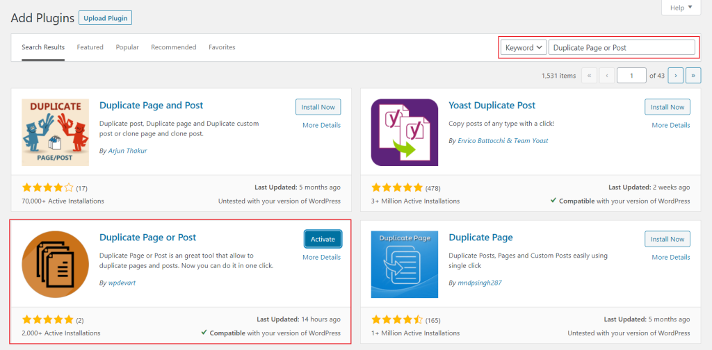 Activate Duplicate Page or Post Plugin