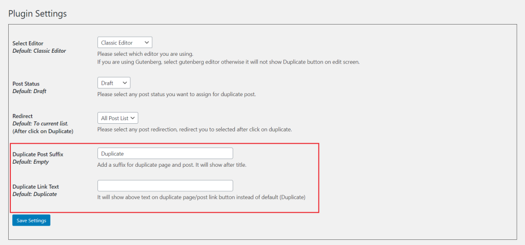 Configure Duplicate Page and Post Plugin