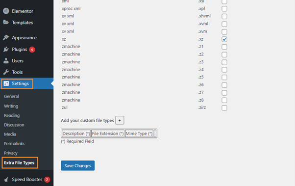 Extra File Types Settings