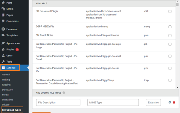 File Upload Types Settings