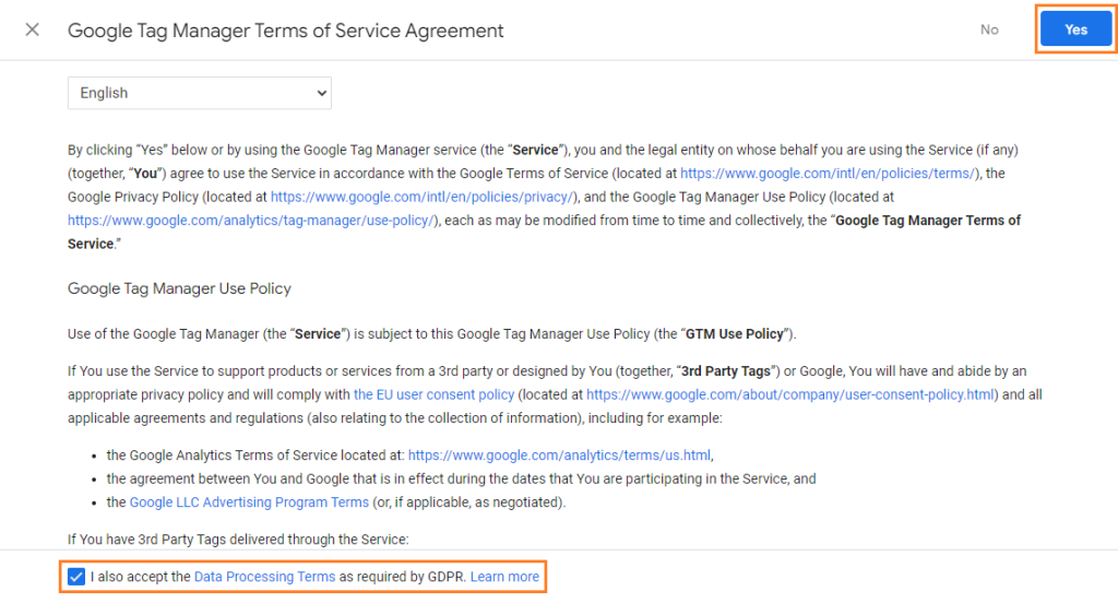 Google Tag Manager - Terms of Service Agreement