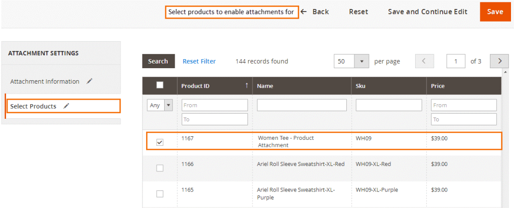 Select Products Attachment Settings