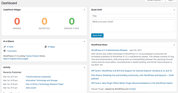 wordpress backend dashboard summary